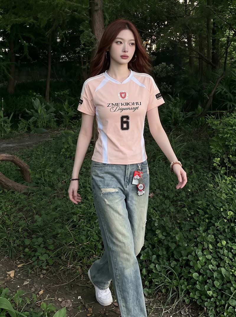 220 그램 주간 실크 차가운 면 반팔 티셔츠 여성 의류 여름 새로운 한 부서 디자인 센스 삽입 색상 V넥 맨위 상세 이미지 10