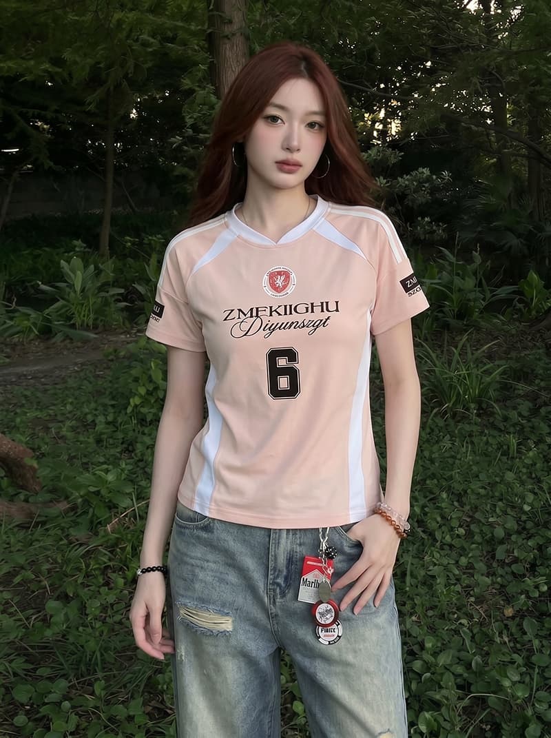 220 그램 주간 실크 차가운 면 반팔 티셔츠 여성 의류 여름 새로운 한 부서 디자인 센스 삽입 색상 V넥 맨위 상세 이미지 11