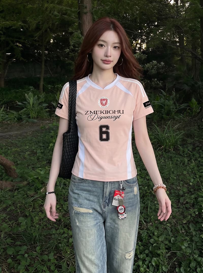 220 그램 주간 실크 차가운 면 반팔 티셔츠 여성 의류 여름 새로운 한 부서 디자인 센스 삽입 색상 V넥 맨위 상세 이미지 12