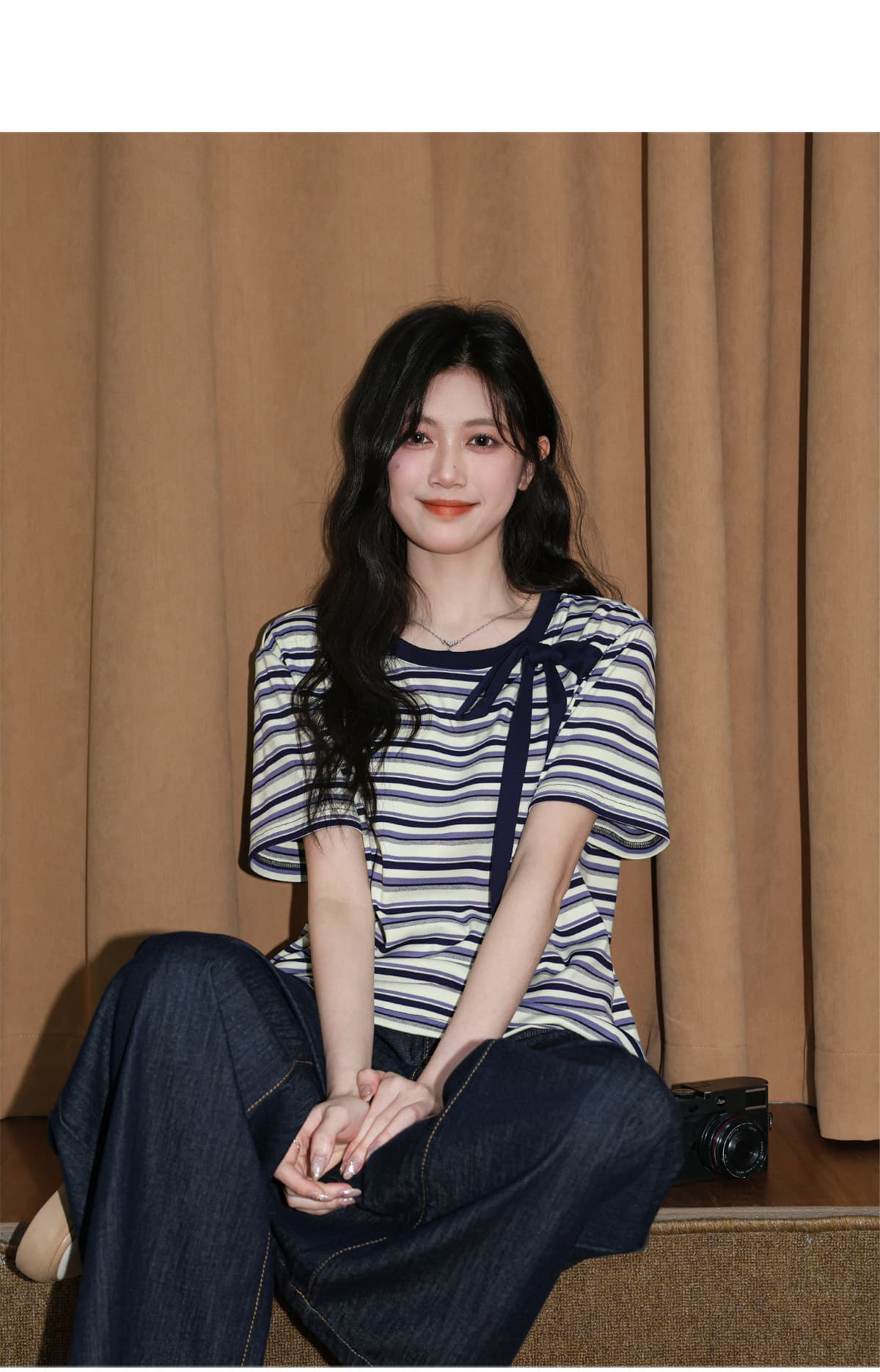 반팔 티셔츠 여성 의류 여름 루즈핏 한 부서 디자인 센스 아메리칸 스트라이프 스트랩 배색 비스듬한 칼라 맨위 상세 이미지 9