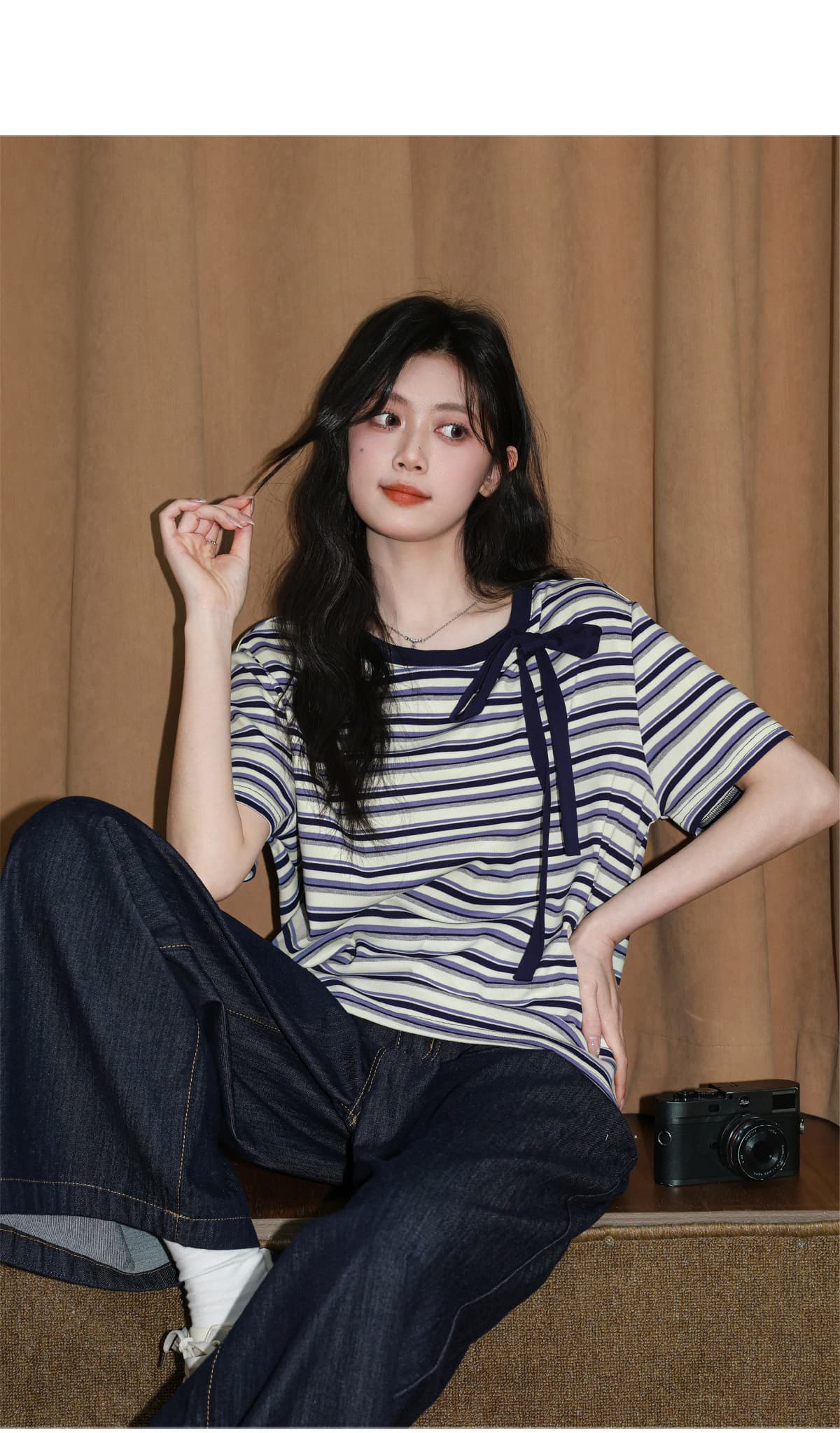 반팔 티셔츠 여성 의류 여름 루즈핏 한 부서 디자인 센스 아메리칸 스트라이프 스트랩 배색 비스듬한 칼라 맨위 상세 이미지 10