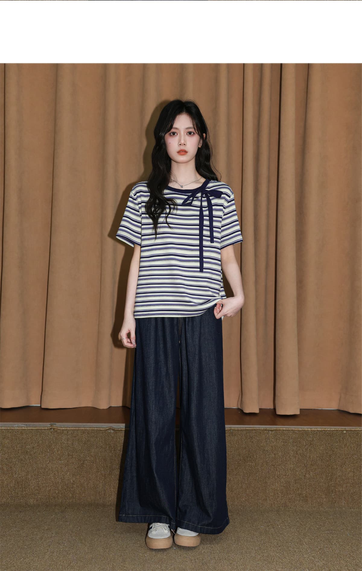 반팔 티셔츠 여성 의류 여름 루즈핏 한 부서 디자인 센스 아메리칸 스트라이프 스트랩 배색 비스듬한 칼라 맨위 상세 이미지 12