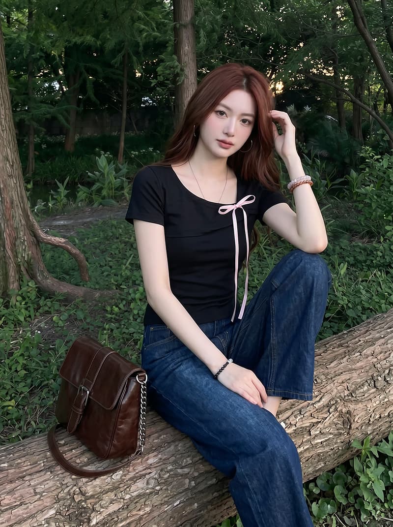반팔 티셔츠 여성 의류 여름 새로운 디자인 센스 단색 몸매 가꾸기 슬림해 보이는 나비 매듭 비스듬한 칼라 맨위 상세 이미지 9