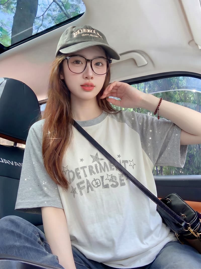 더블 실 순면 반팔 티셔츠 여성 의류 여름 루즈핏 디자인 센스 삽입 어깨 소매 별 라운드 넥 맨위 상세 이미지 6