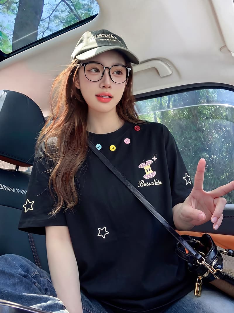 220 그램 순면 반팔 티셔츠 여성 의류 아모이 지불 한 부서 단추 자수 루즈핏 라운드 넥 맨위 이미지 2