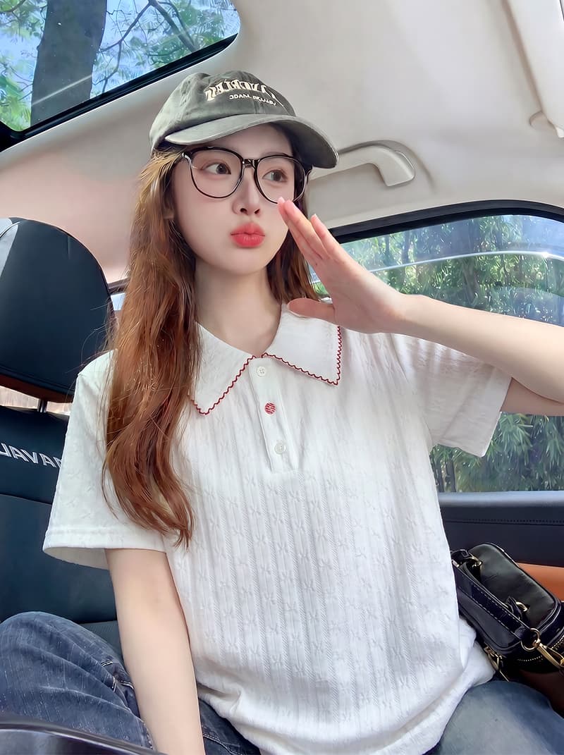 210 그램 자카드 원단 반팔 티셔츠 여성 의류 여름 새로운 한 부서 루즈핏 홀로우 아웃 POLO 칼라 맨위 상세 이미지 8