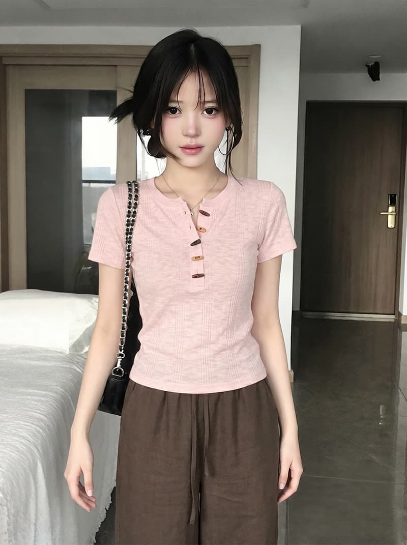 경관 그림 특별 가격 반팔 티셔츠 여성 여름 새로운 디자인 센스 한 부서 작은 샤넬 스타일 슬림해 보이는 소뿔 버클 헨리 칼라 맨위 상세 이미지 6