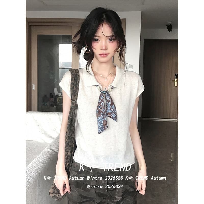 경관 그림 특별 가격 반팔 티셔츠 니트 스웨터 여성 의류 여름 새로운 디자인 센스 미니멀리즘 단색 루즈핏 POLO 칼라 맨위