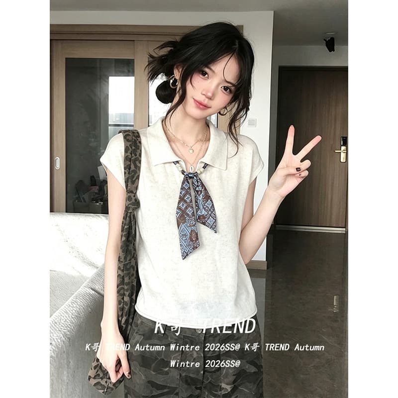경관 그림 특별 가격 반팔 티셔츠 니트 스웨터 여성 의류 여름 새로운 디자인 센스 미니멀리즘 단색 루즈핏 POLO 칼라 맨위 상세 이미지 6