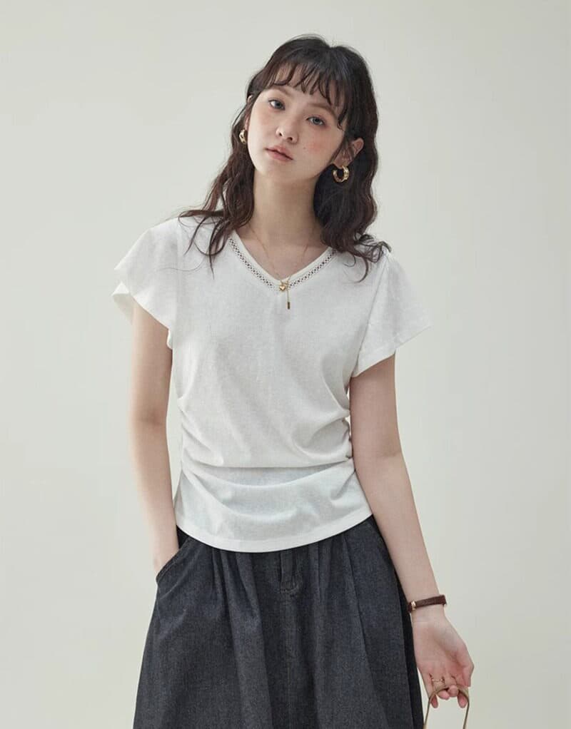165 그램 눈꽃 면 반팔 티셔츠 여성 여름 새로운 한 부서 디자인 센스 홀로우 아웃 단색 V넥 맨위 상세 이미지 6