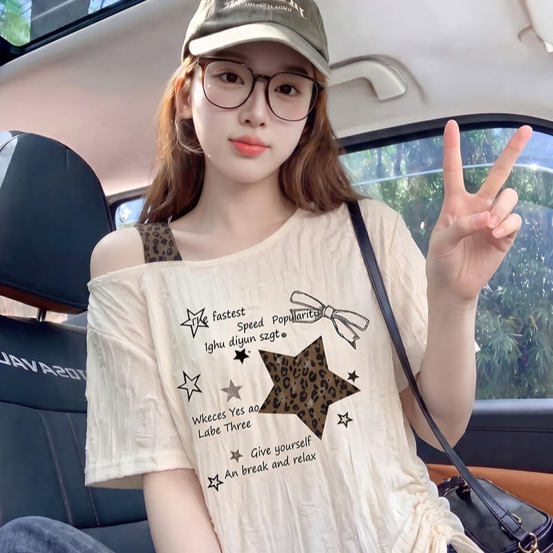 지 발표 160 그램 반팔 티셔츠 여성 여름 새로운 페이크 레이어드 디자인 센스 허리 수축 비스듬한 어깨 칼라 맨위 이미지 5