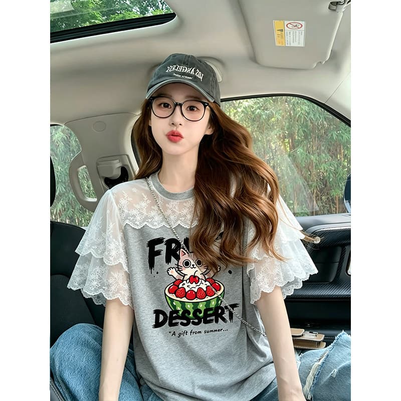 순면 220 그램 반팔 티셔츠 여성 의류 여름 루즈핏 한 부서 달콤함 레이스 조각 라운드 넥 맨위 이미지 3