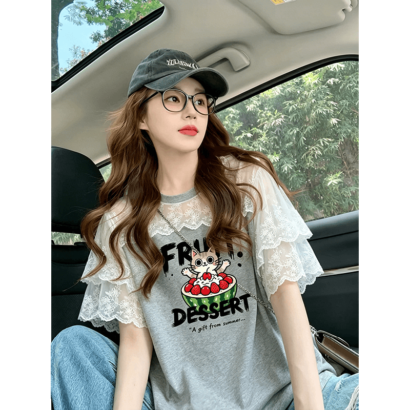 순면 220 그램 반팔 티셔츠 여성 의류 여름 루즈핏 한 부서 달콤함 레이스 조각 라운드 넥 맨위 상세 이미지 2
