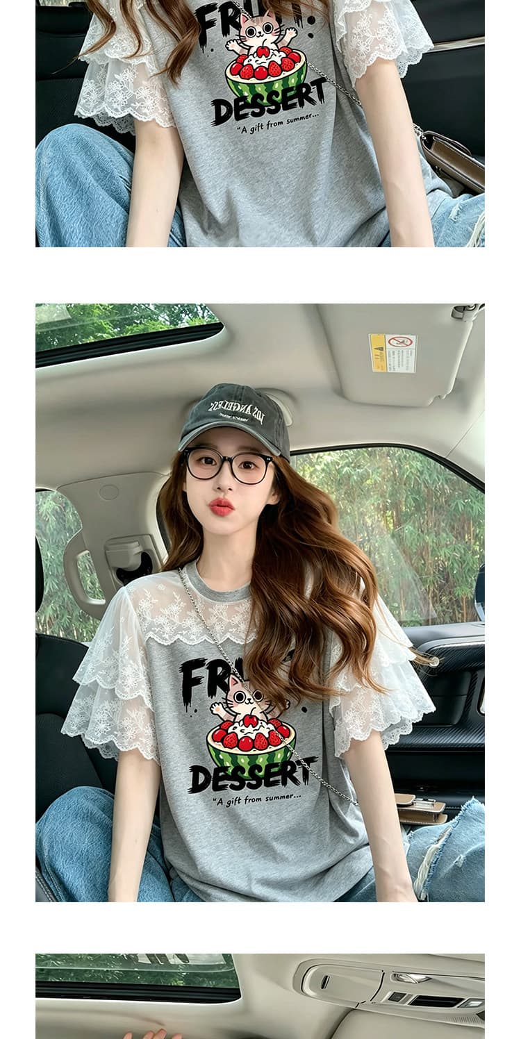순면 220 그램 반팔 티셔츠 여성 의류 여름 루즈핏 한 부서 달콤함 레이스 조각 라운드 넥 맨위 상세 이미지 9