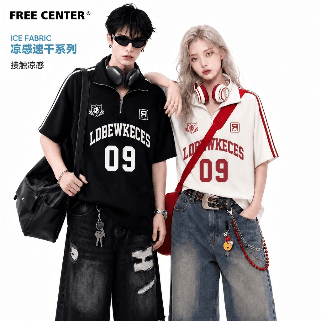 남자 바 면 반팔 티셔츠 남녀 커플룩 여름 새로운 스트라이프 지퍼 루즈핏 스탠드 칼라 맨위 상세 이미지 2