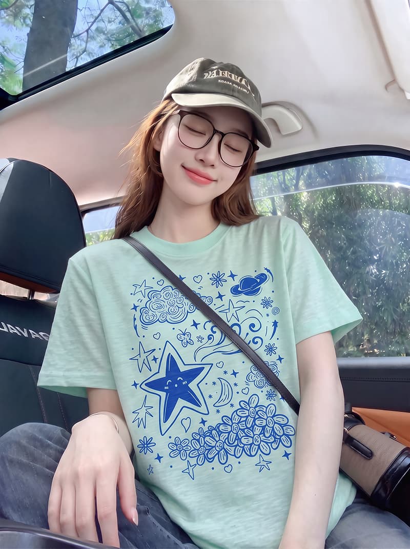 대나무 마디 면 반팔 티셔츠 여성 의류 여름 새로운 한 부서 디자인 센스 재미있는 프린트 라운드 넥 맨위 이미지 3