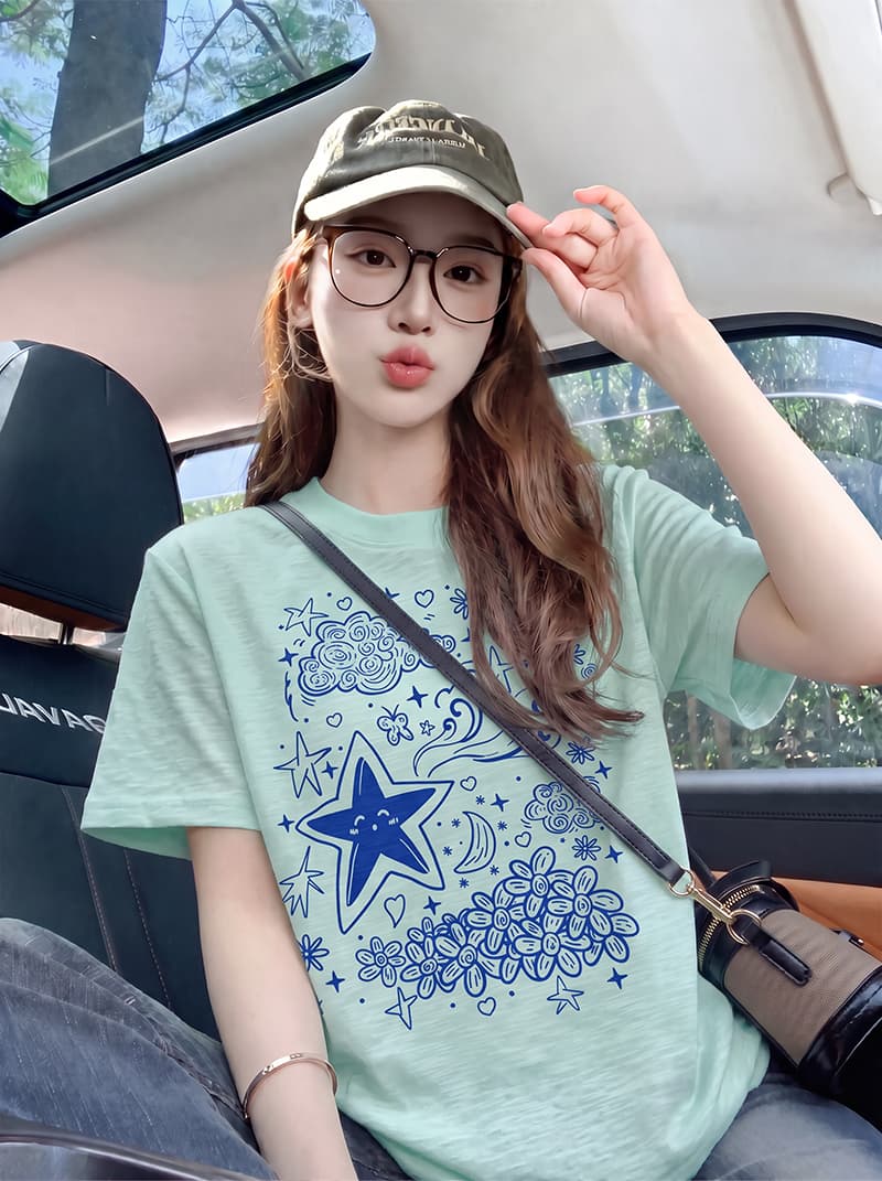 대나무 마디 면 반팔 티셔츠 여성 의류 여름 새로운 한 부서 디자인 센스 재미있는 프린트 라운드 넥 맨위 이미지 2