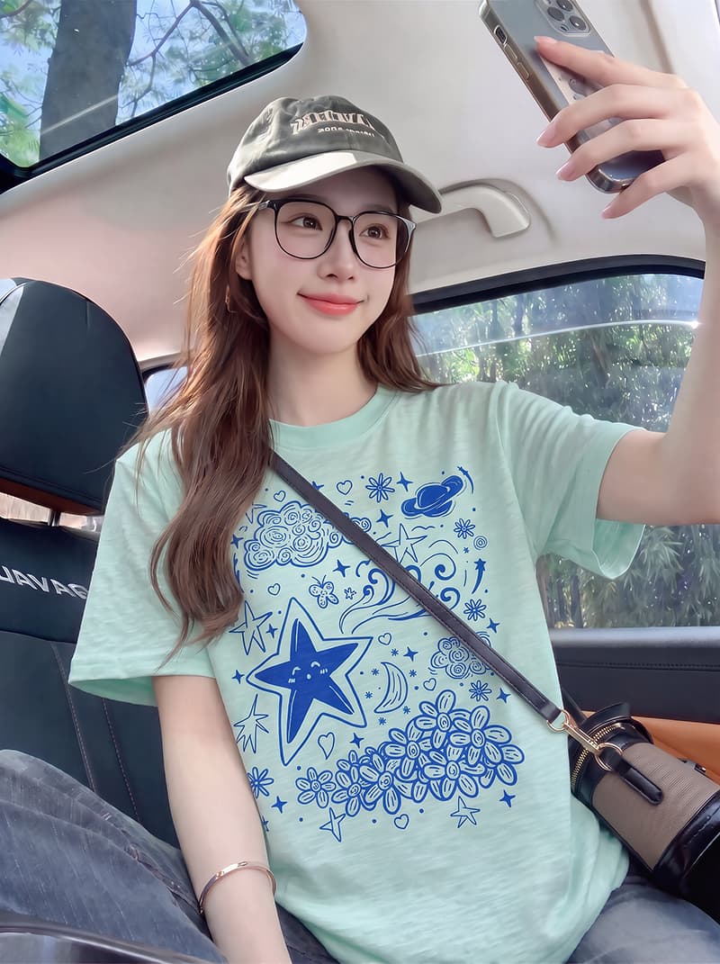 대나무 마디 면 반팔 티셔츠 여성 의류 여름 새로운 한 부서 디자인 센스 재미있는 프린트 라운드 넥 맨위