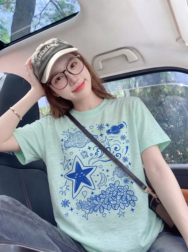 대나무 마디 면 반팔 티셔츠 여성 의류 여름 새로운 한 부서 디자인 센스 재미있는 프린트 라운드 넥 맨위 이미지 4
