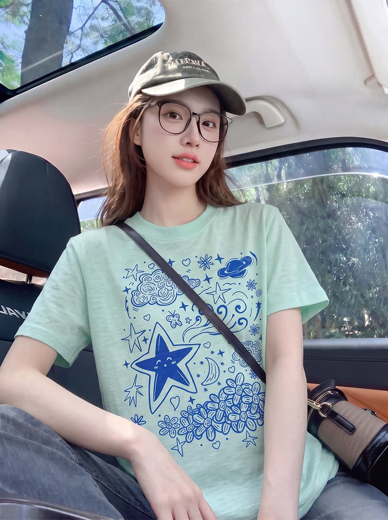대나무 마디 면 반팔 티셔츠 여성 의류 여름 새로운 한 부서 디자인 센스 재미있는 프린트 라운드 넥 맨위 상세 이미지 10