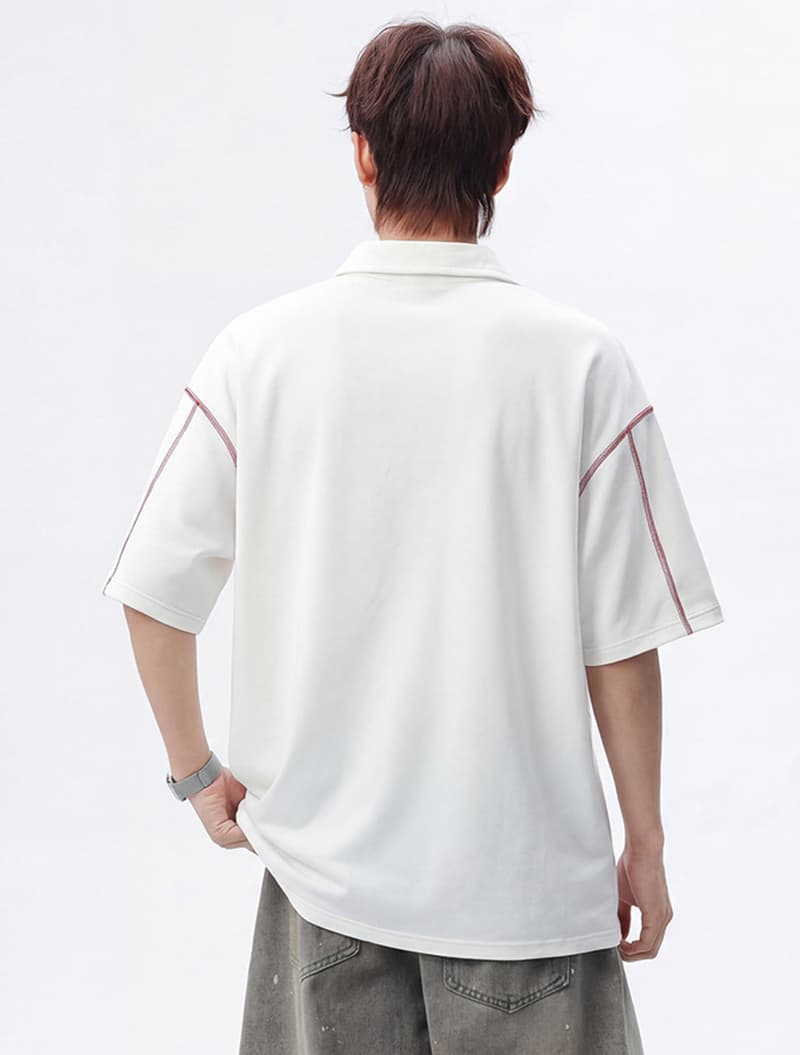 220 그램 순면 반팔 티셔츠 남녀 커플룩 여름 명시적 스티치 장식 새로운 POLO 칼라 맨위 상세 이미지 3