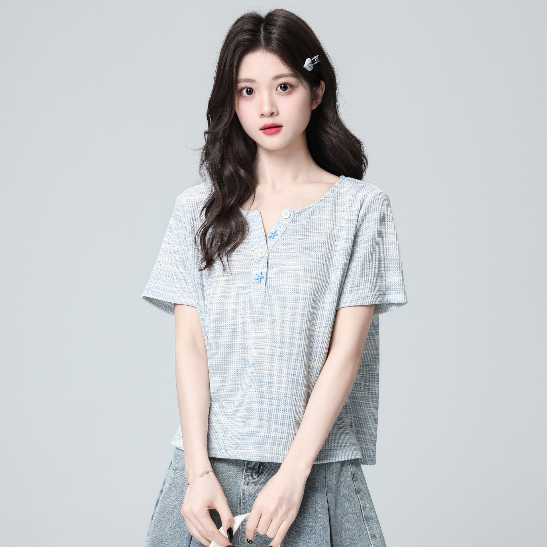 경관 그림 특별 가격 후아 남편 그리드 반팔 티셔츠 여성 의류 여름 새로운 한 부서 디자인 센스 긍정적 인 어깨 루즈핏 반 개방 칼라 맨위 상세 이미지 4