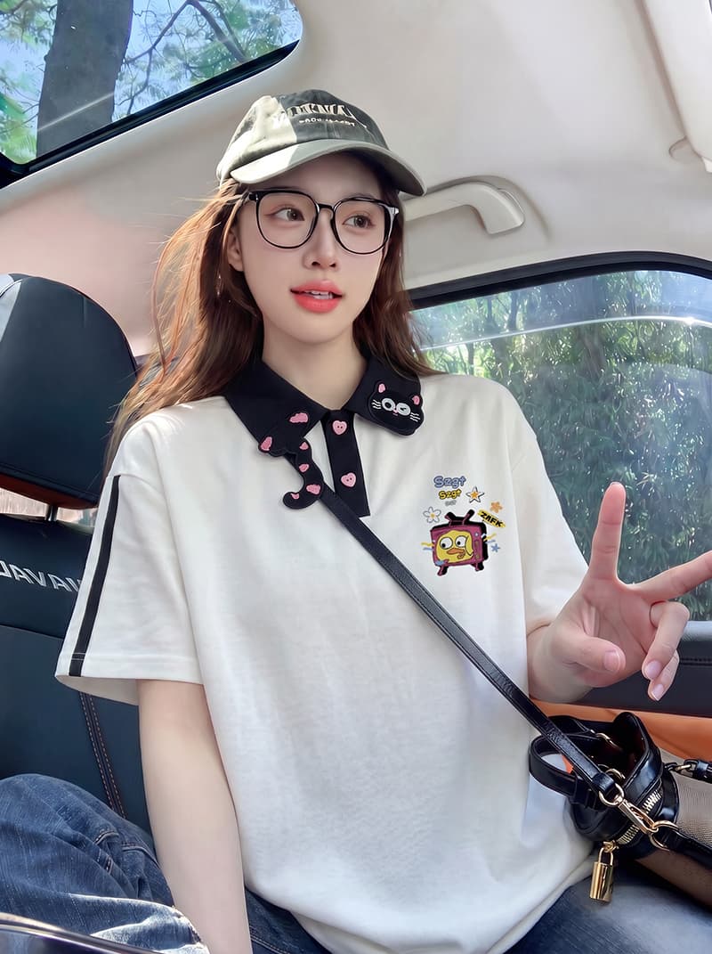 구슬 그라운드 면 반팔 티셔츠 여성 의류 여름 새로운 3 차원 장식 루즈핏 자수 POLO 칼라 맨위 이미지 3