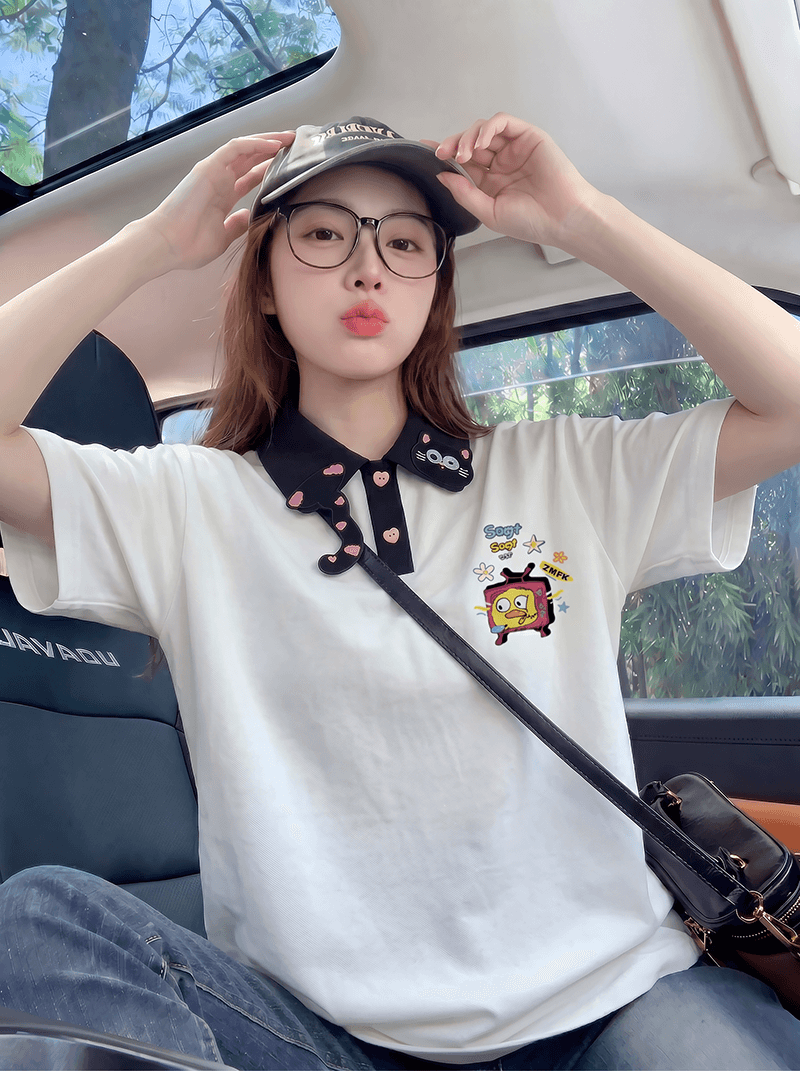 구슬 그라운드 면 반팔 티셔츠 여성 의류 여름 새로운 3 차원 장식 루즈핏 자수 POLO 칼라 맨위 상세 이미지 5