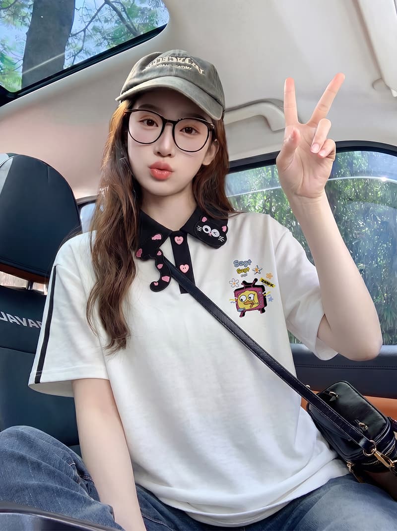 구슬 그라운드 면 반팔 티셔츠 여성 의류 여름 새로운 3 차원 장식 루즈핏 자수 POLO 칼라 맨위 상세 이미지 6