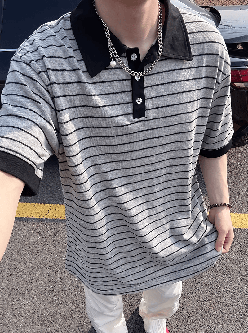 반팔 티셔츠 남녀 커플룩 여름 새로운 루즈핏 작은 샤넬 스타일 아메리칸 스트라이프 POLO 칼라 맨위 상세 이미지 5