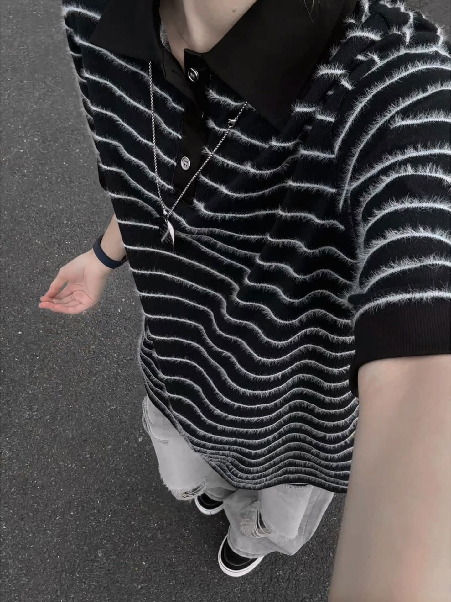 반팔 티셔츠 남녀 커플룩 여름 새로운 루즈핏 작은 샤넬 스타일 아메리칸 스트라이프 POLO 칼라 맨위 상세 이미지 6