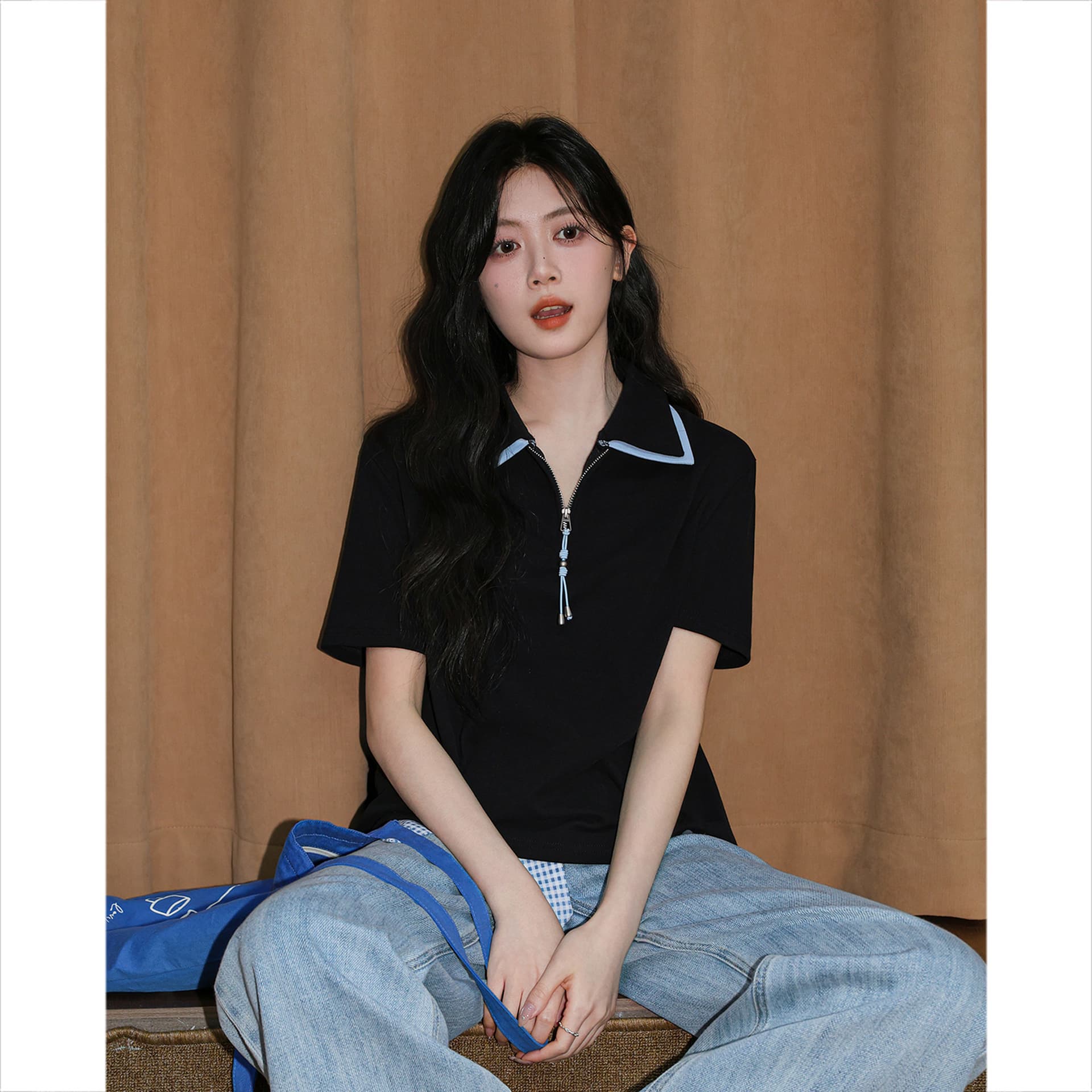 220 그램 물 부드러운 면 반팔 티셔츠 여성 의류 여름 새로운 루즈핏 패치워크 색상 지퍼 POLO 칼라 맨위 상세 이미지 5