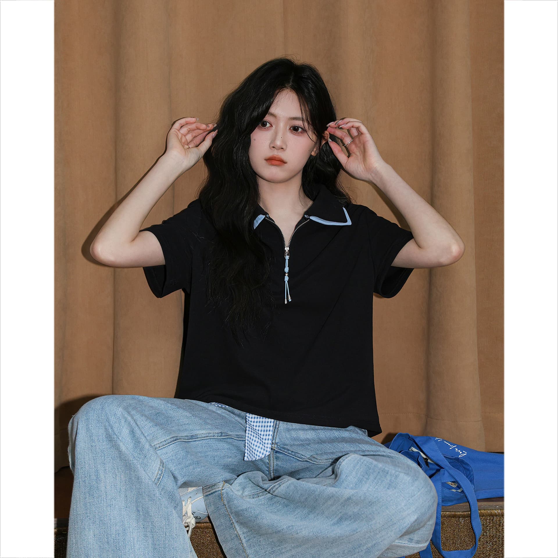 220 그램 물 부드러운 면 반팔 티셔츠 여성 의류 여름 새로운 루즈핏 패치워크 색상 지퍼 POLO 칼라 맨위 상세 이미지 6