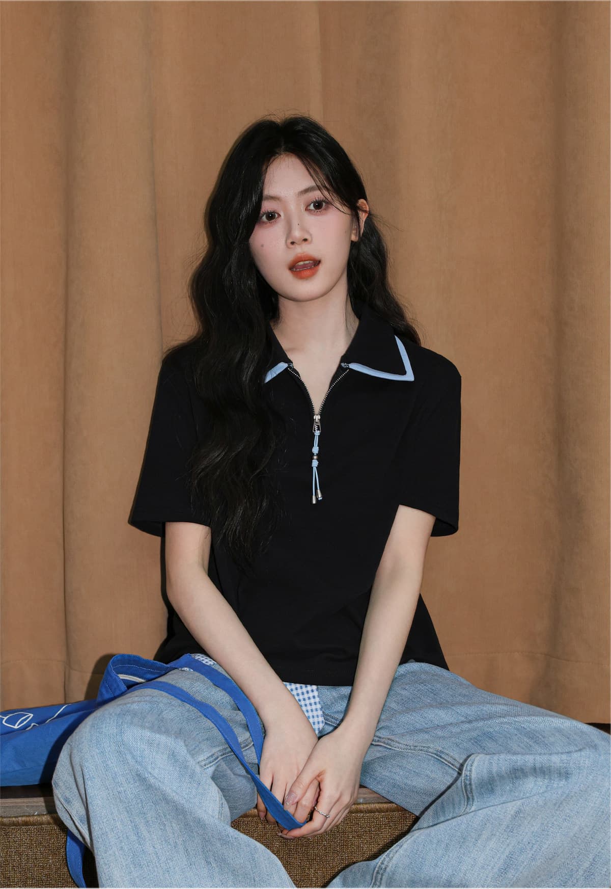 220 그램 물 부드러운 면 반팔 티셔츠 여성 의류 여름 새로운 루즈핏 패치워크 색상 지퍼 POLO 칼라 맨위 상세 이미지 7