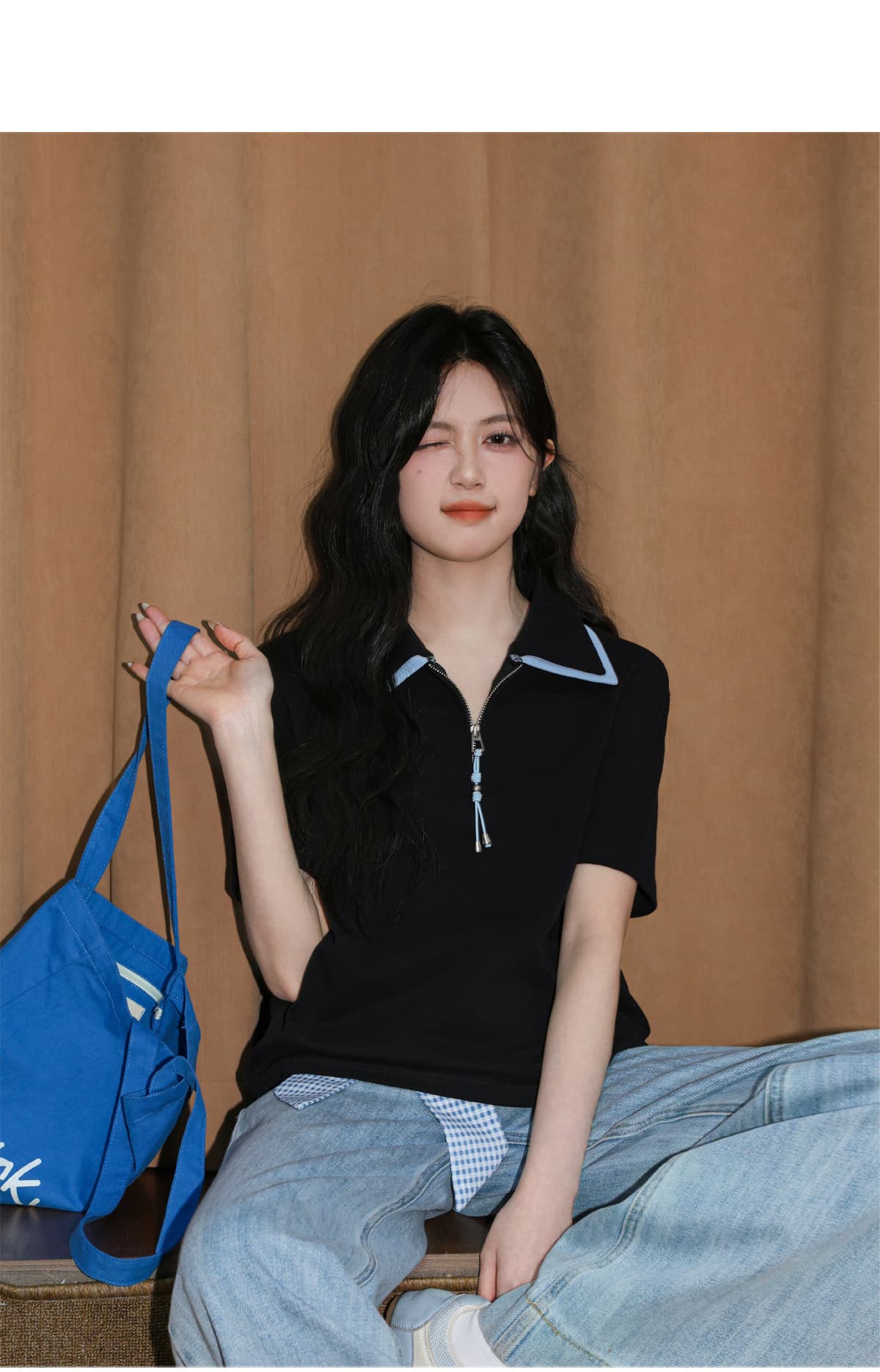 220 그램 물 부드러운 면 반팔 티셔츠 여성 의류 여름 새로운 루즈핏 패치워크 색상 지퍼 POLO 칼라 맨위 상세 이미지 9