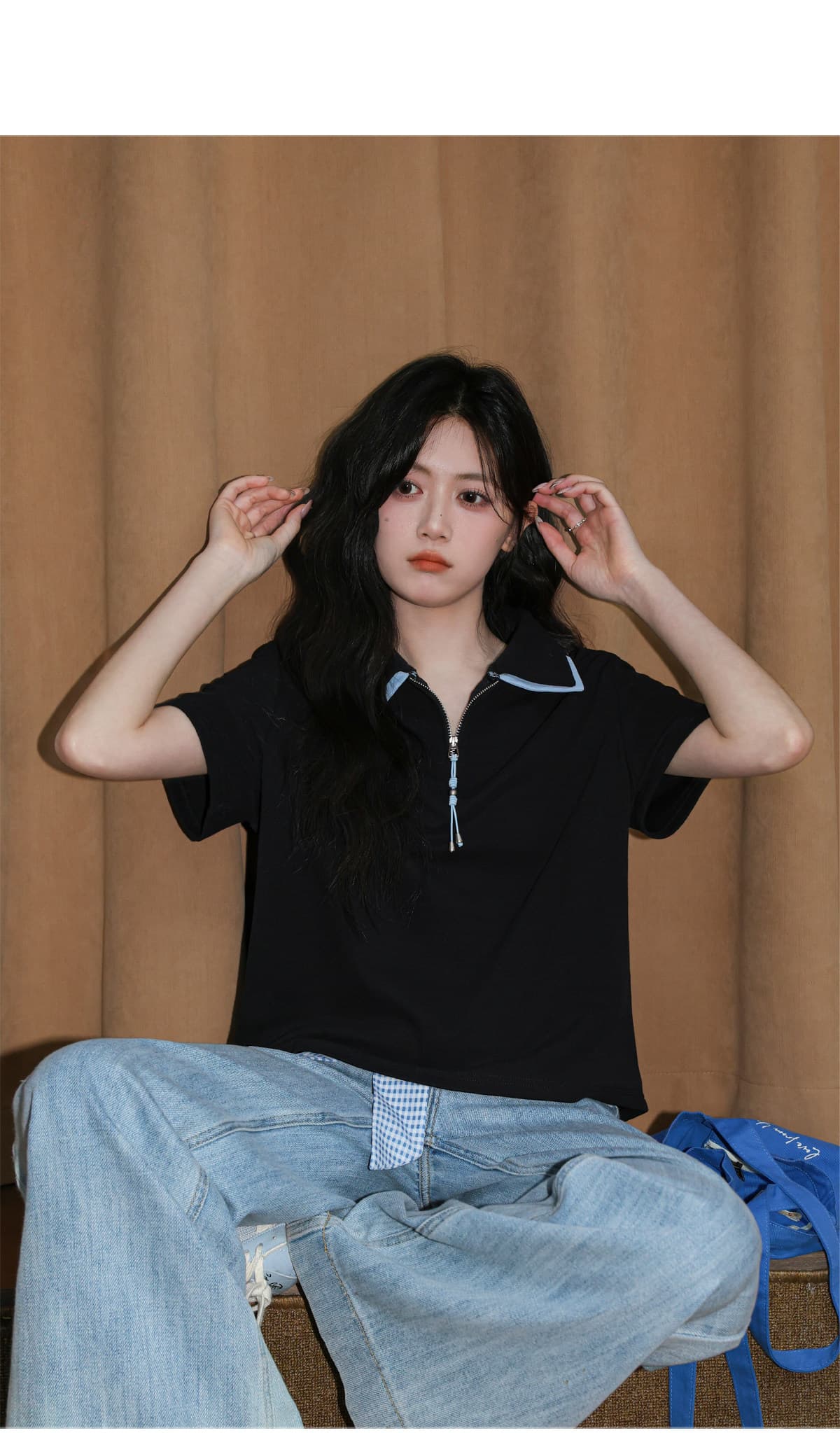 220 그램 물 부드러운 면 반팔 티셔츠 여성 의류 여름 새로운 루즈핏 패치워크 색상 지퍼 POLO 칼라 맨위 상세 이미지 10