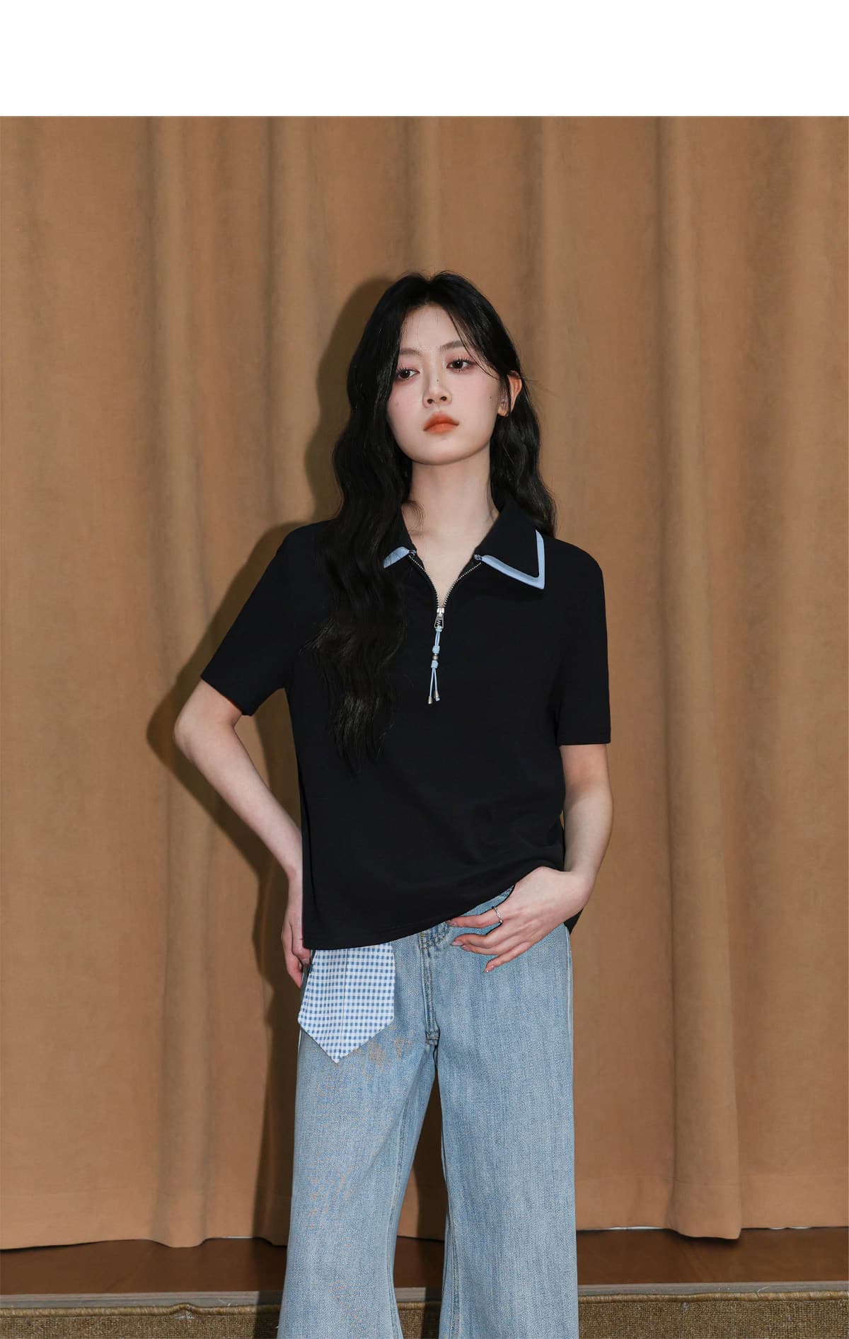 220 그램 물 부드러운 면 반팔 티셔츠 여성 의류 여름 새로운 루즈핏 패치워크 색상 지퍼 POLO 칼라 맨위 상세 이미지 11