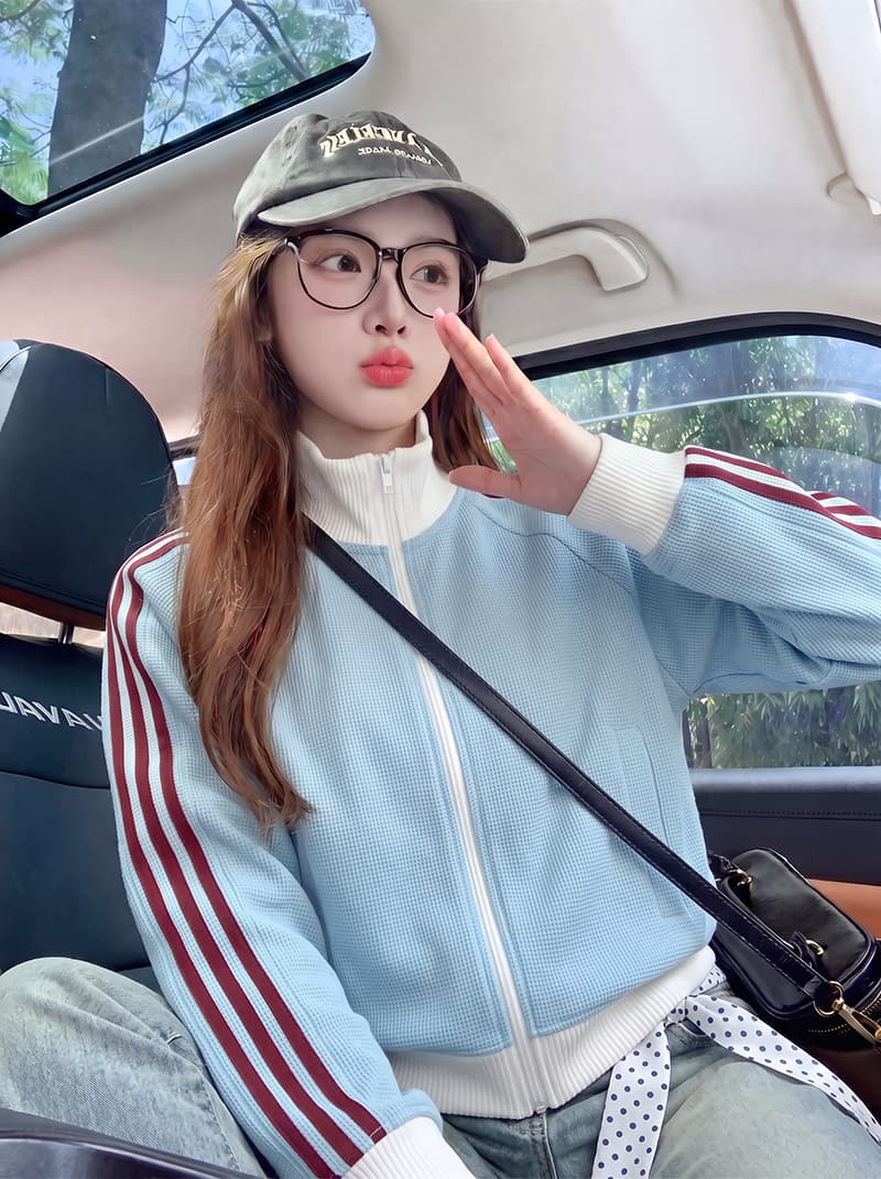 후아 남편 그리드 복합 380 그램 짧은 외투 후드티 여성 봄 가을 스트라이프 지퍼 오픈 가디건 새로운 맨위 이미지 4