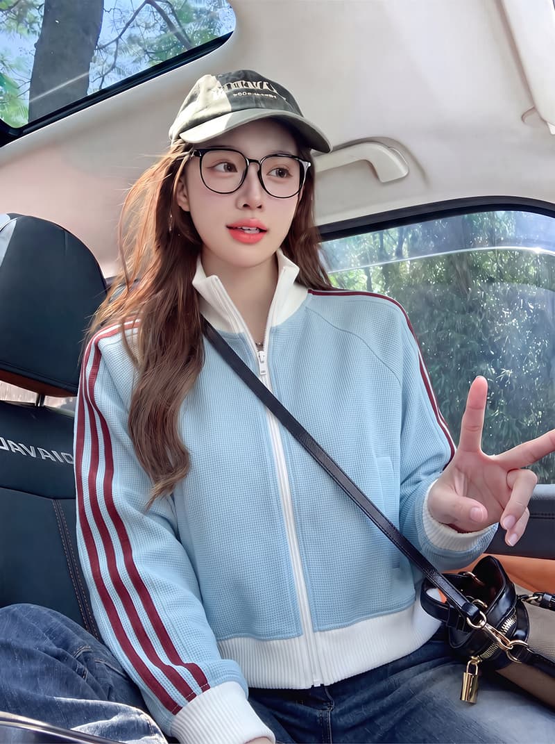 후아 남편 그리드 복합 380 그램 짧은 외투 후드티 여성 봄 가을 스트라이프 지퍼 오픈 가디건 새로운 맨위 상세 이미지 7