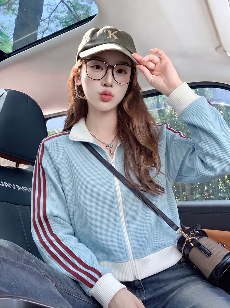 후아 남편 그리드 복합 380 그램 짧은 외투 후드티 여성 봄 가을 스트라이프 지퍼 오픈 가디건 새로운 맨위 상세 이미지 9