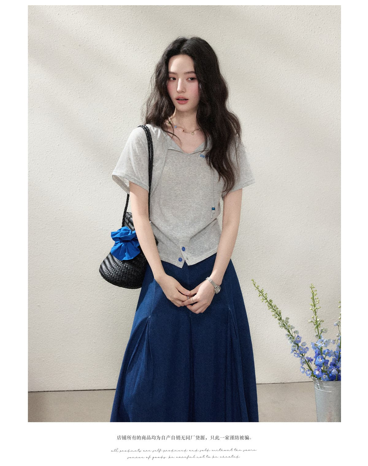 색상 포인트 천 반팔 티셔츠 여성 의류 여름 새로운 작은 샤넬 스타일 디자인 센스 단추 자수 한 첨부 된 의류 상세 이미지 16