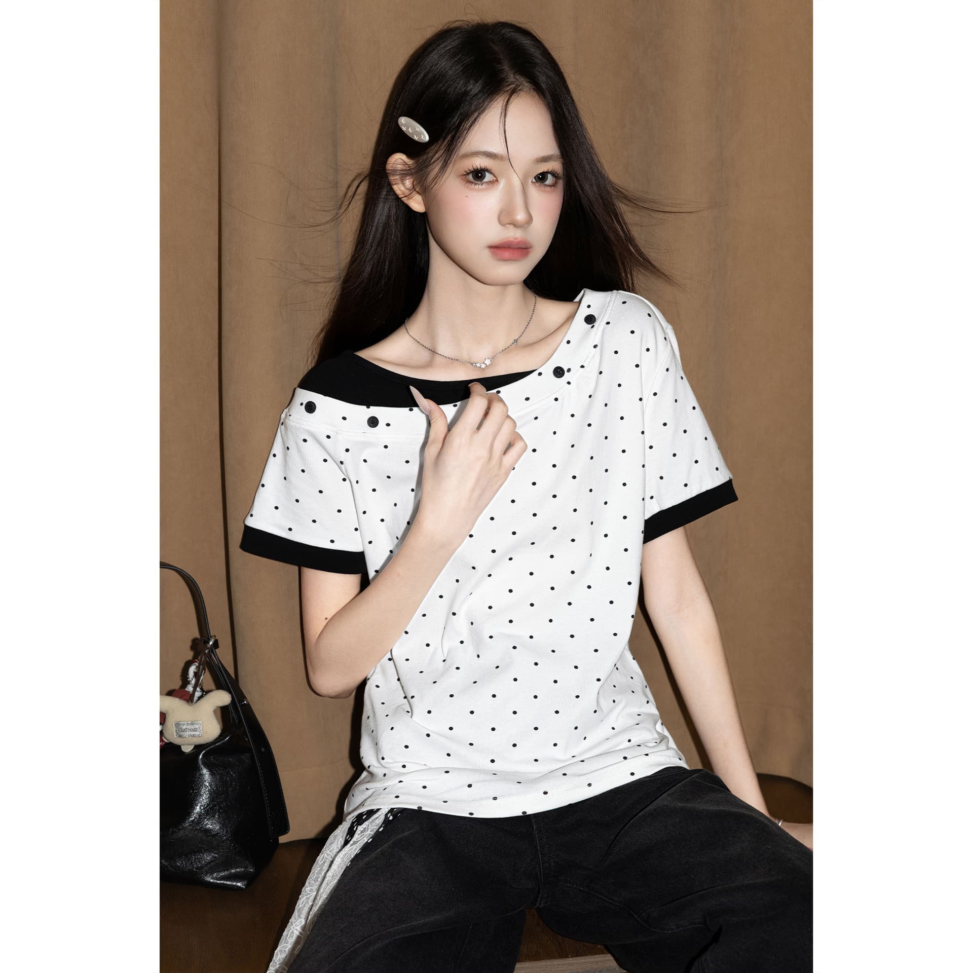 순면 리브 반팔 티셔츠 여성 여름 새로운 도트 무늬 페이크 레이어드 단추 루즈핏 한 첨부 된 의류 상세 이미지 3
