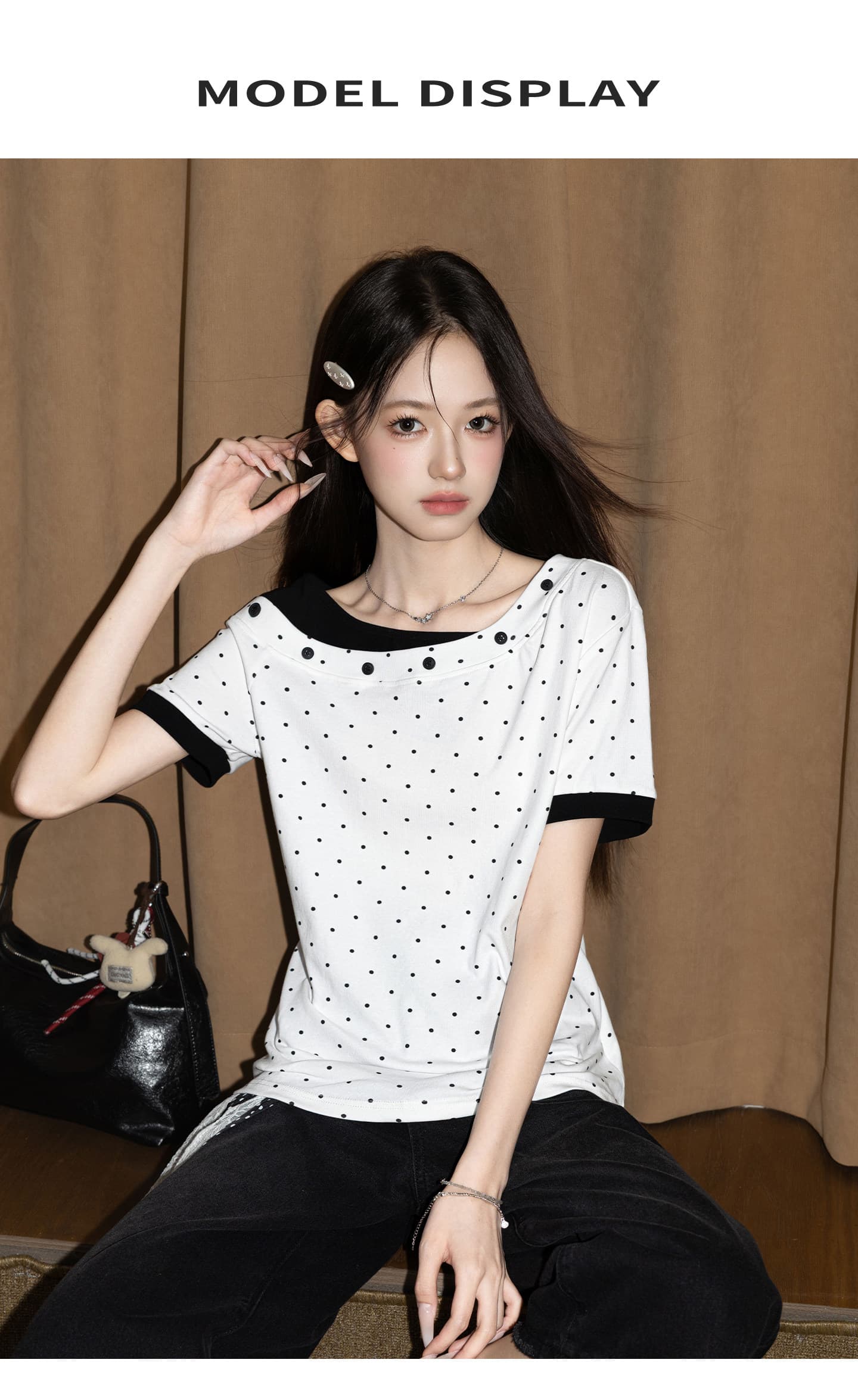 순면 리브 반팔 티셔츠 여성 여름 새로운 도트 무늬 페이크 레이어드 단추 루즈핏 한 첨부 된 의류 상세 이미지 8