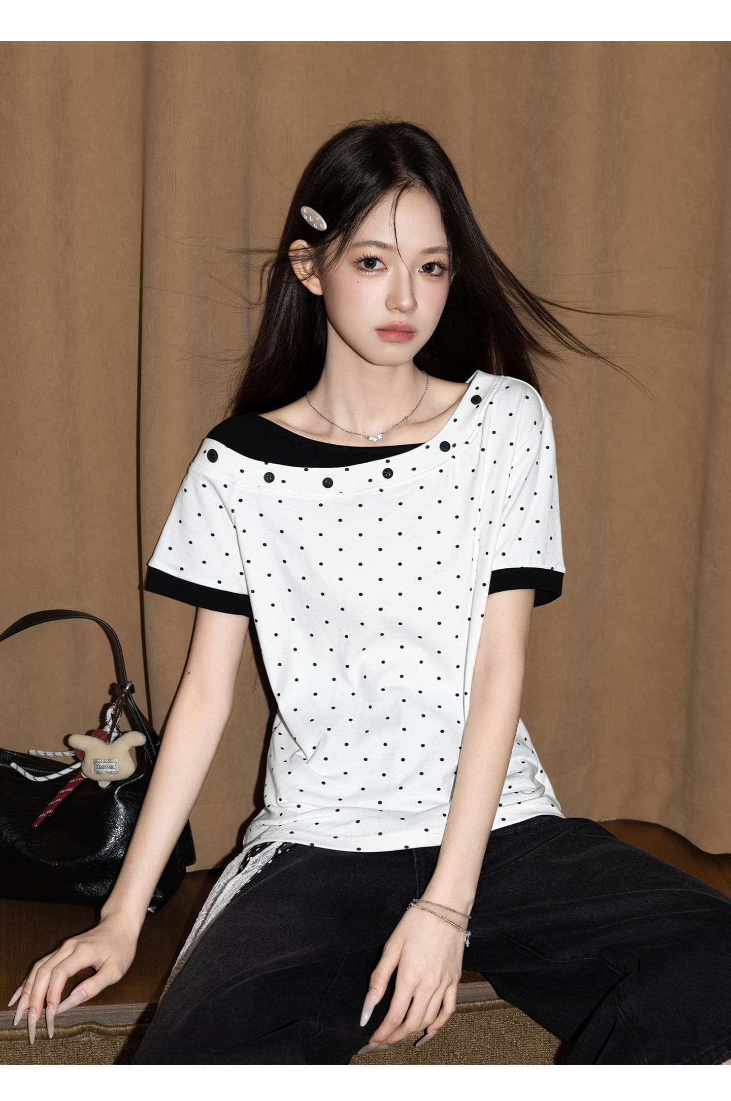 순면 리브 반팔 티셔츠 여성 여름 새로운 도트 무늬 페이크 레이어드 단추 루즈핏 한 첨부 된 의류 상세 이미지 10