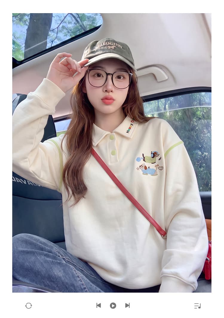 얇은 스타일 후드티 여성 봄 가을 새로운 트렌디 루즈핏 한 부서 만화 자수 POLO 칼라 새로운 맨위 상세 이미지 1
