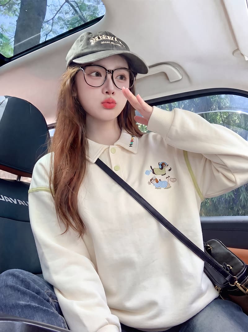 얇은 스타일 후드티 여성 봄 가을 새로운 트렌디 루즈핏 한 부서 만화 자수 POLO 칼라 새로운 맨위 상세 이미지 6