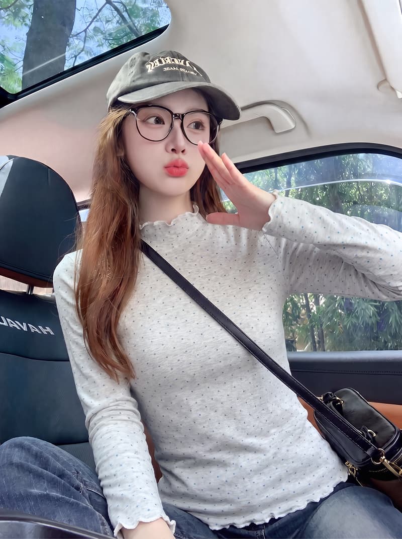 순면 리브 긴팔 티셔츠 기본 셔츠 여성 의류 도트 무늬 프릴 봄 가을 새로운 터틀넥 맨위 상세 이미지 7