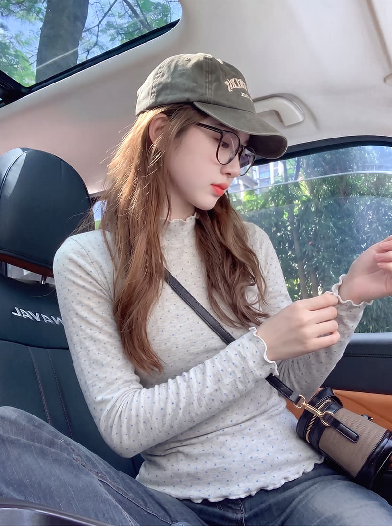 순면 리브 긴팔 티셔츠 기본 셔츠 여성 의류 도트 무늬 프릴 봄 가을 새로운 터틀넥 맨위 상세 이미지 10
