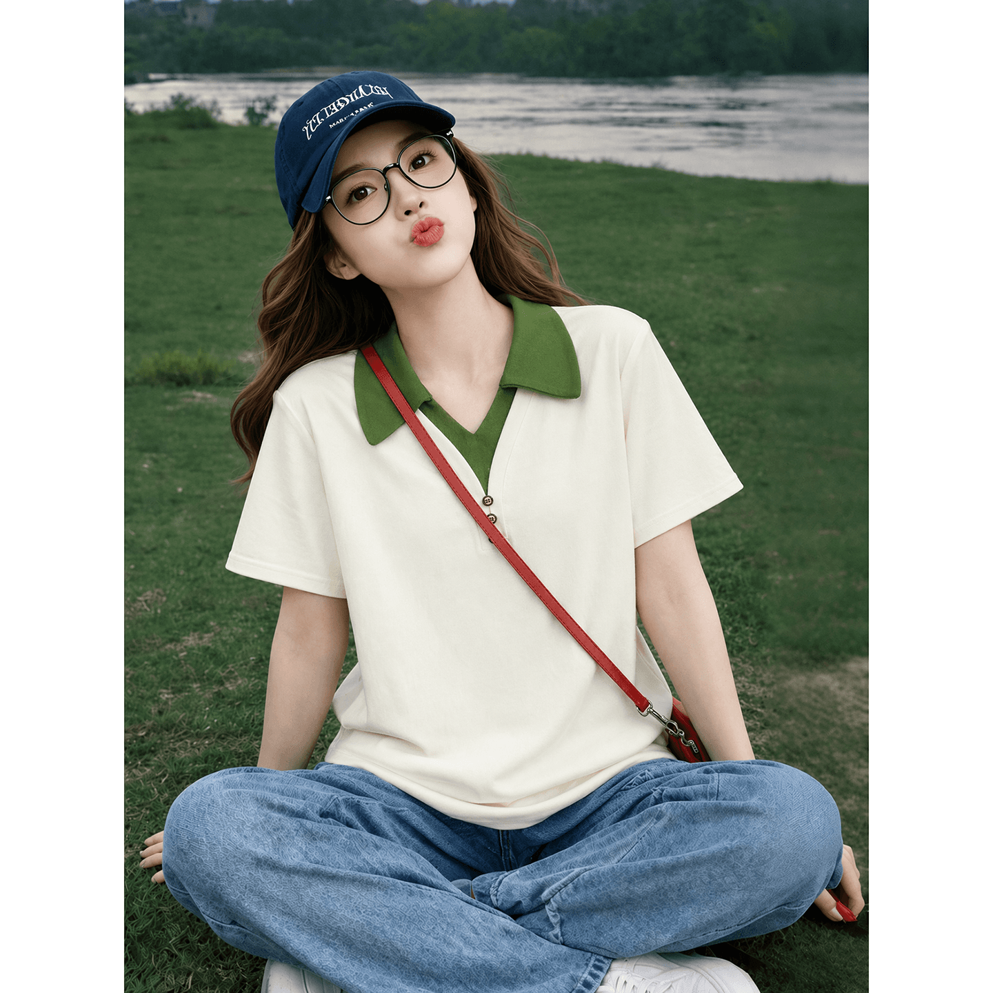 순면 리브 반팔 티셔츠 여성 여름 새로운 배색 페이크 레이어드 단추 루즈핏 polo 맨위