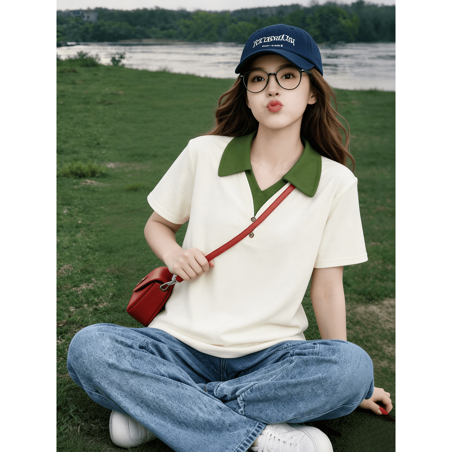 순면 리브 반팔 티셔츠 여성 여름 새로운 배색 페이크 레이어드 단추 루즈핏 polo 맨위 이미지 2